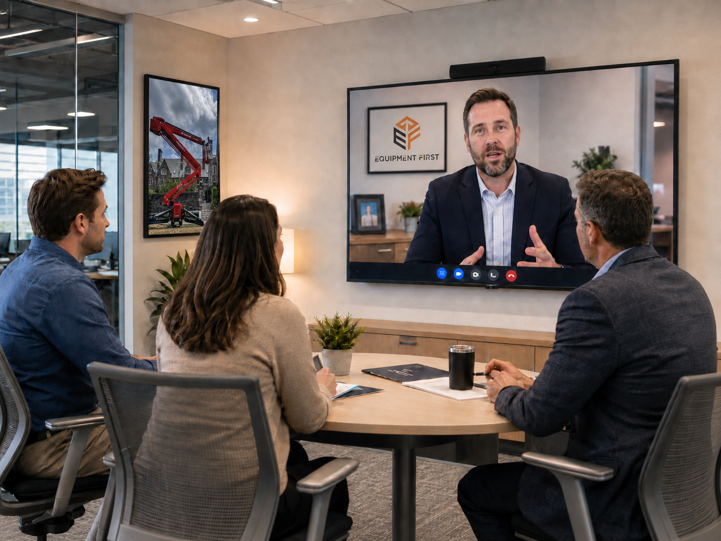 Equipment First finance manager advising a dealership team over video conference